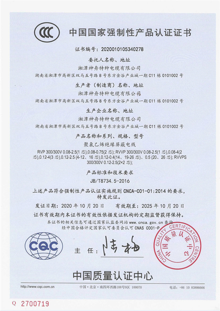 중국 Xiangtan Shenzhou Special Cable Co., Ltd 인증